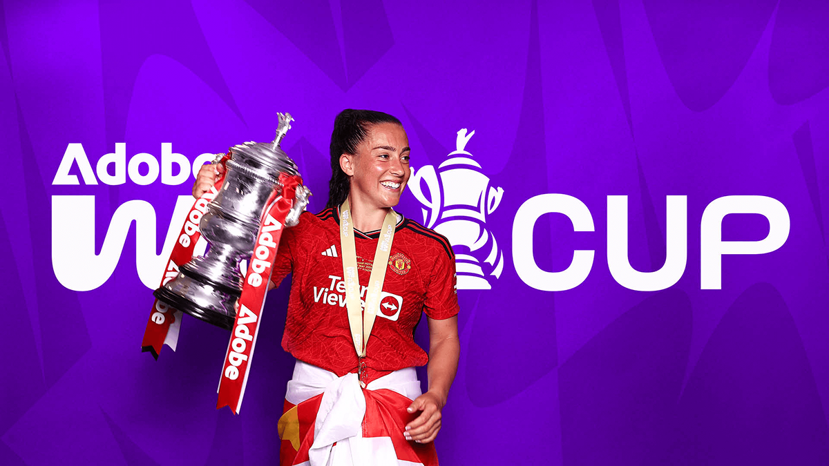 Emblem design for Madame FC depicting an M monogram in a circle with the words "Madame FC EST. 2003" inside on top of a background image of a soccer stadium.