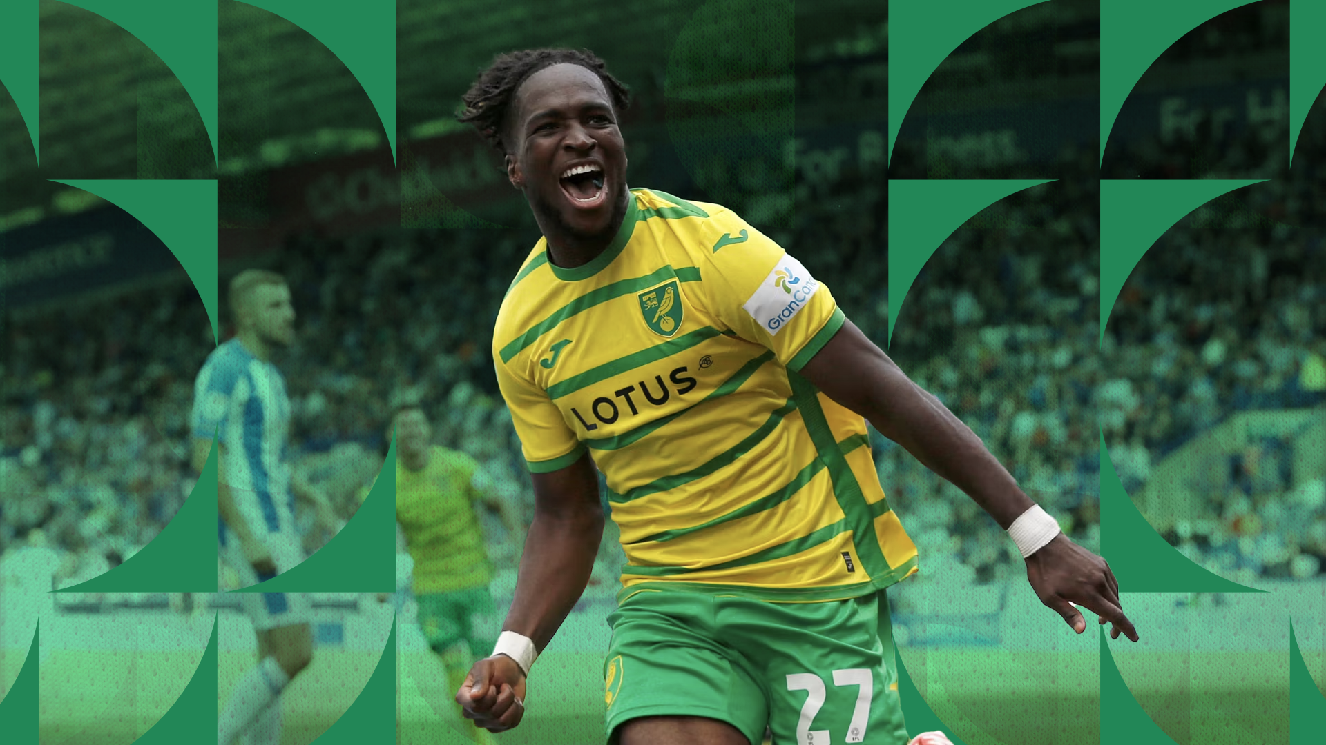 Graphic depicting a hexagonal cropped photo of an interior room design with grid lines along its borders.