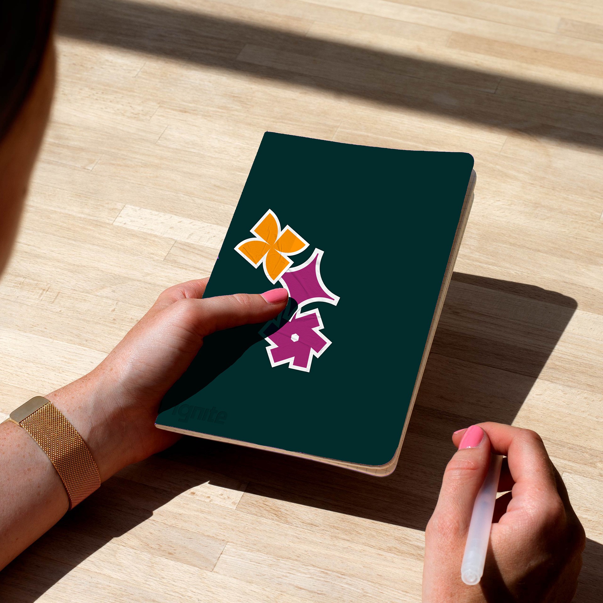 Graphic depicting a hexagonal cropped photo of an interior room design with grid lines along its borders.